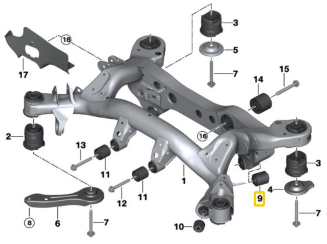 Rear subframe ALUMINIUM bushing with Uniball BMW E8x, E9x, F8x (incl. M)